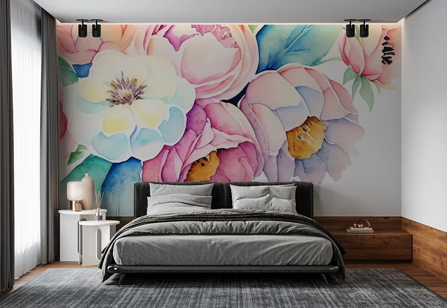 پوستر دیواری 3 بعدی اتاق خواب عروس و داماد گلهای نقاشی آبرنگ